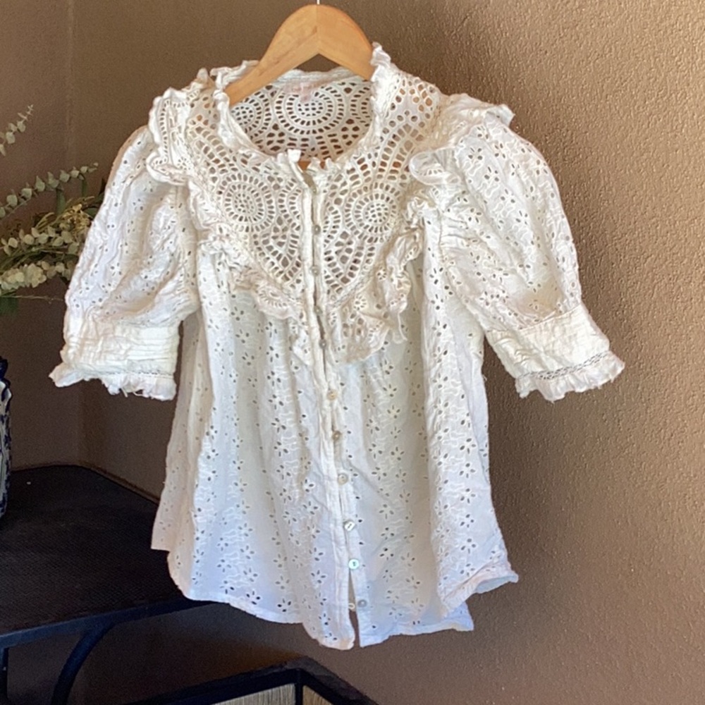Anthropologie Love the Label Dreamer Ruffled Eyelet Blouse In White - Picture 4 of 10